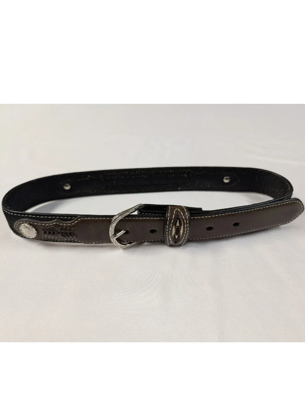 Nocona Belt Size 28 Brown Black Leather Western Woven Aztec Inlay Silver Concho